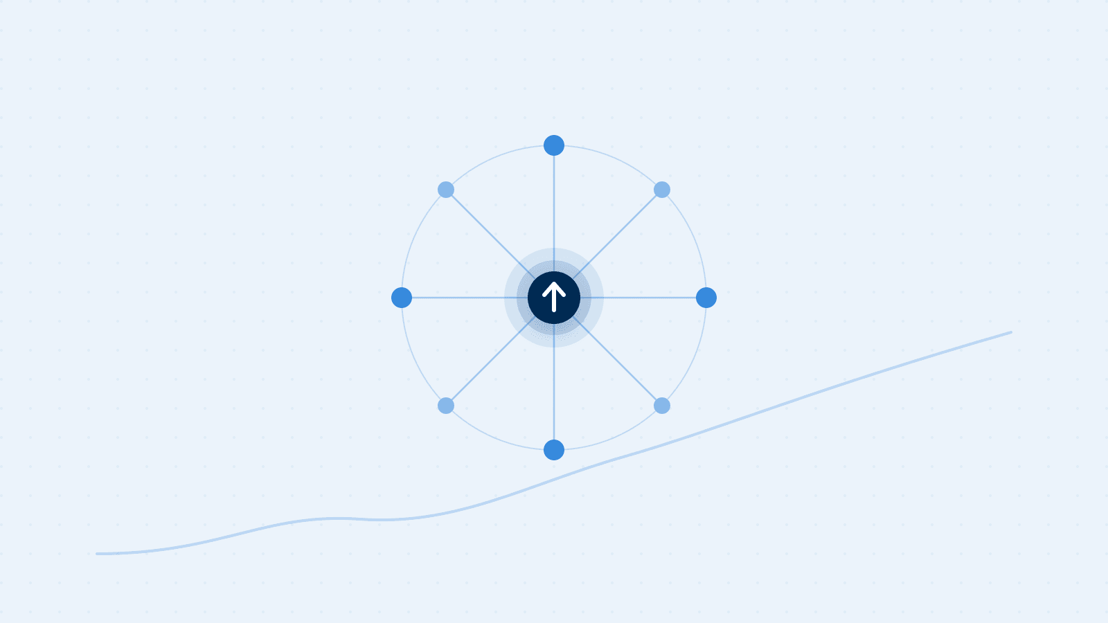 Abstract illustration of a wheel of connected data signals feeding into a central scored node, alongside a rising trend line.