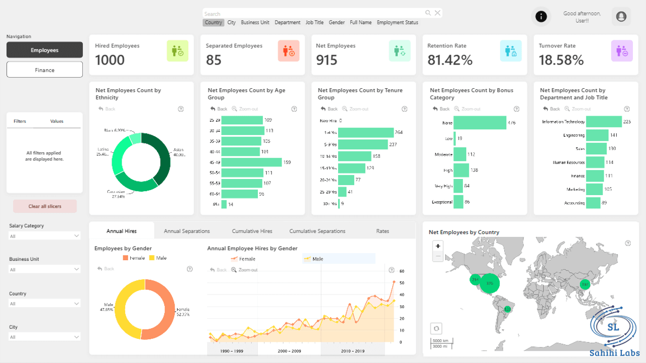 Sample Power BI dashboard showing employee hiring, retention, and turnover metrics by department and geography.
