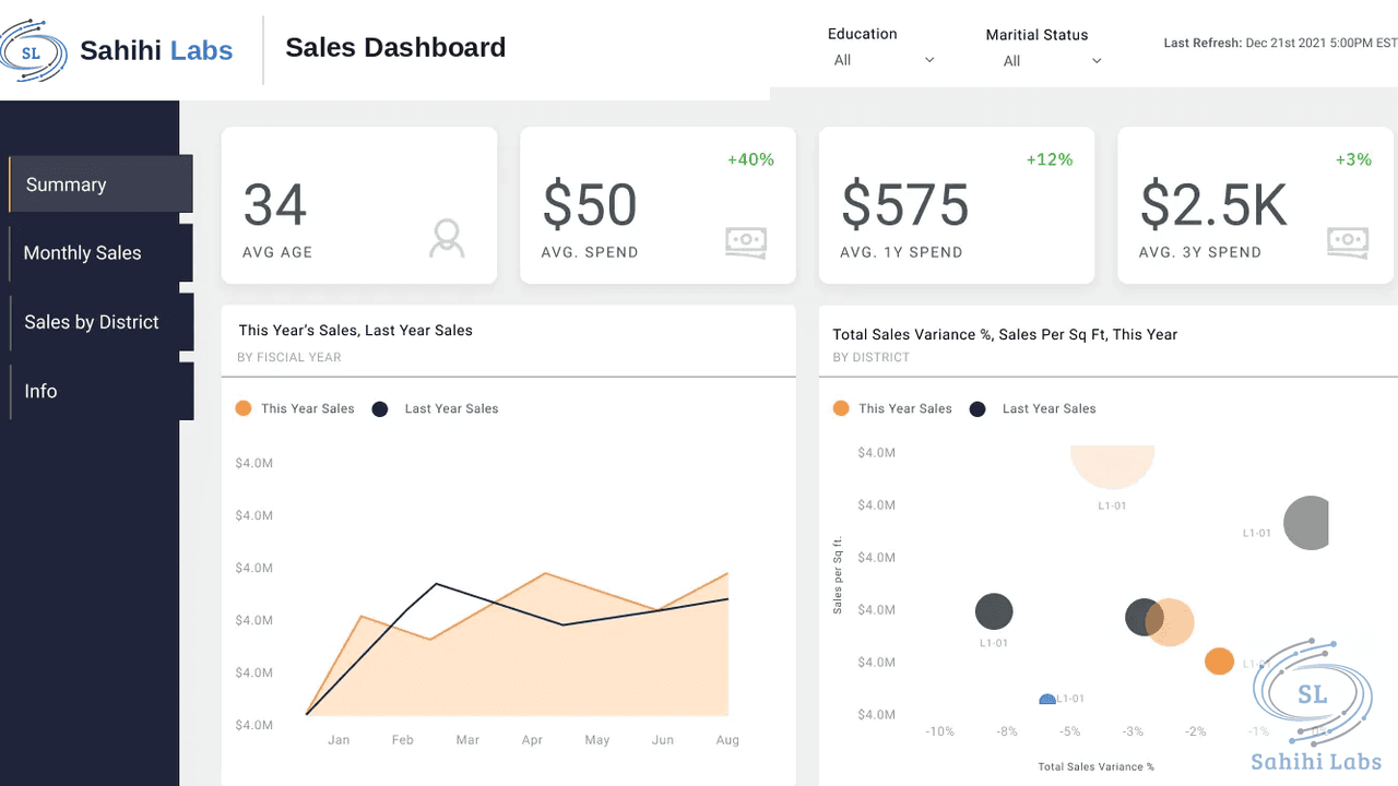 Sample Power BI dashboard showing sales performance, revenue variance, and district-level breakdowns.